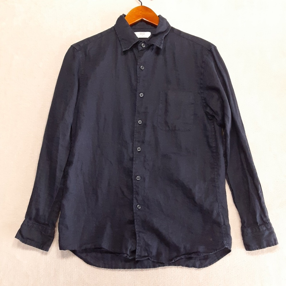 Uniqlo Mens Long Sleeve Button Shirt Medium Navy 100% Linen